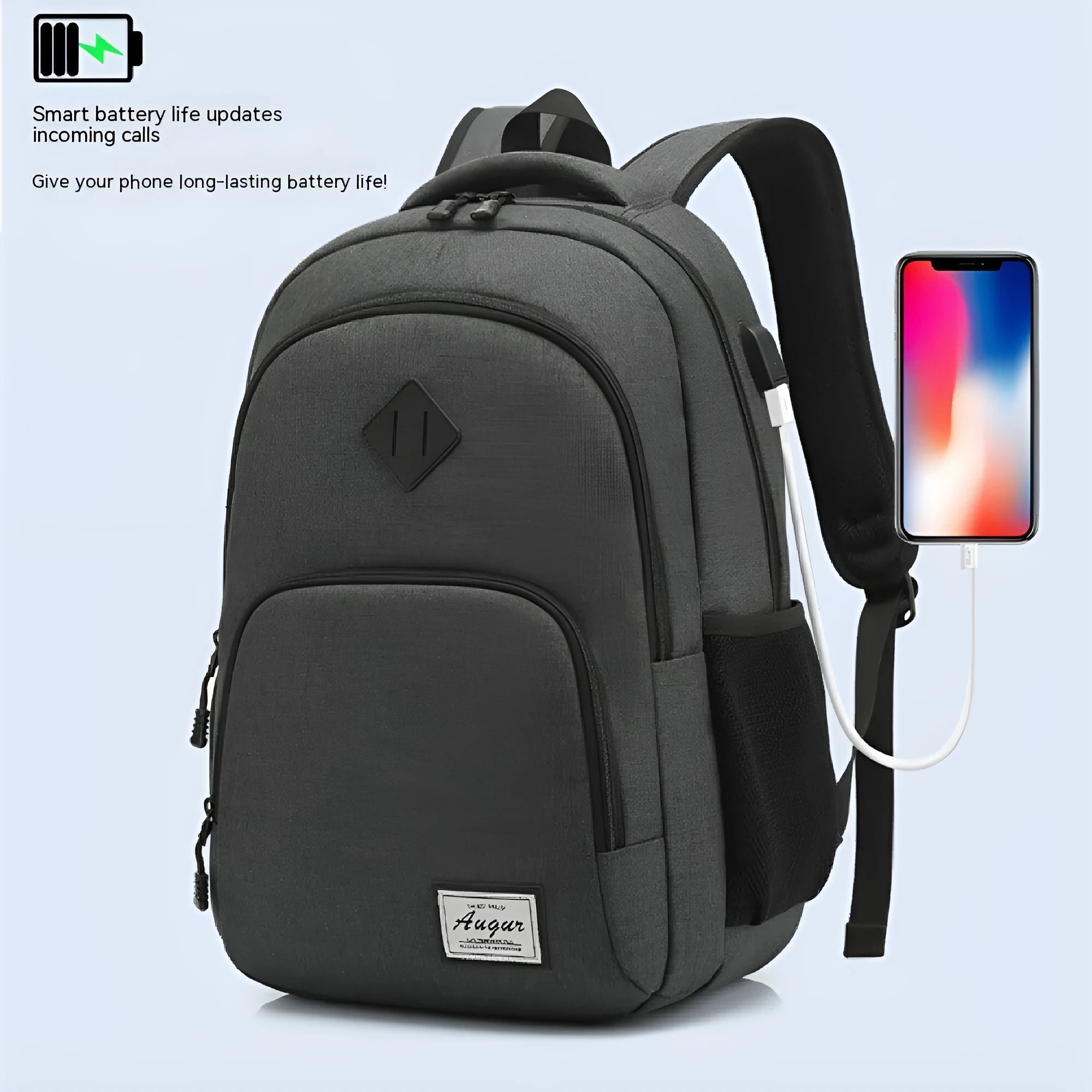 Grey nylon backpack with USB charging port and trolley strap on luggage