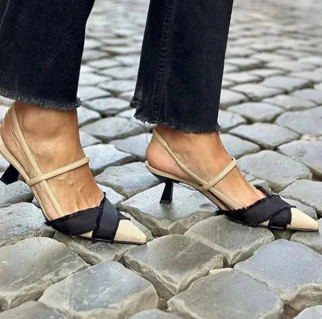 Apricot black colour block women's stiletto sandals with a pointed toe and buckle fastening.