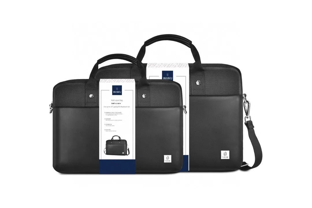 Black Oxford cloth laptop backpack with multiple pockets and a lock, shown in 14-inch and 15.6-inch sizes.