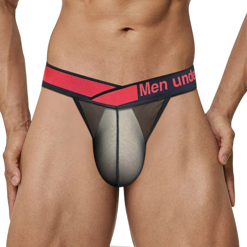 Men's transparent ice silk briefs showing large V gradient high cut design in red colour