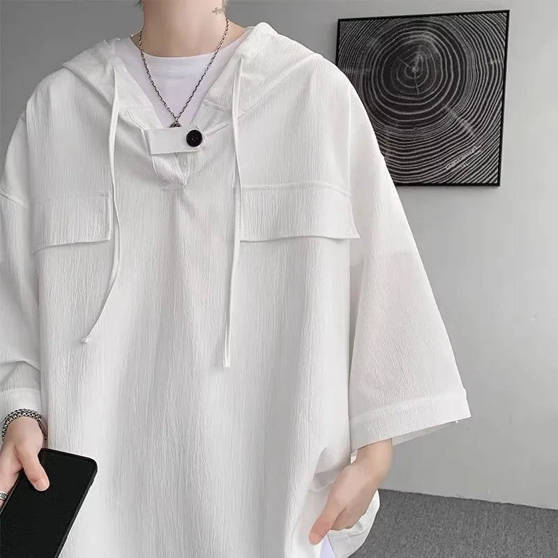 Men's loose fit hooded short sleeve t-shirt in polyester fabric for summer wear
