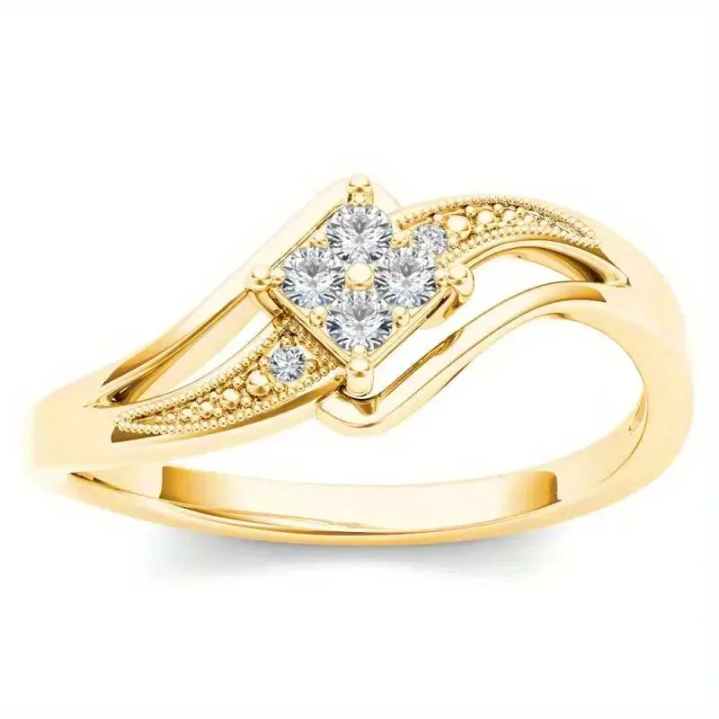 Yellow gold copper diamond ring with micro inlaid zircon stones and geometric line design