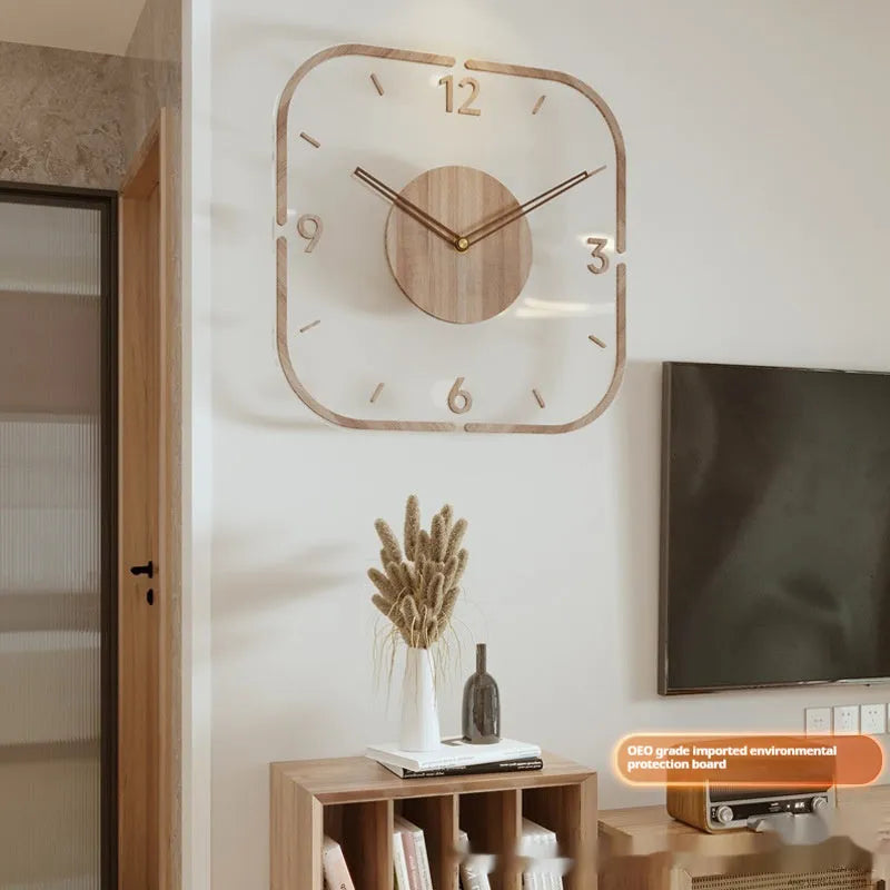 Transparent wooden frame wall clock in 35cm square modern design for living room or office