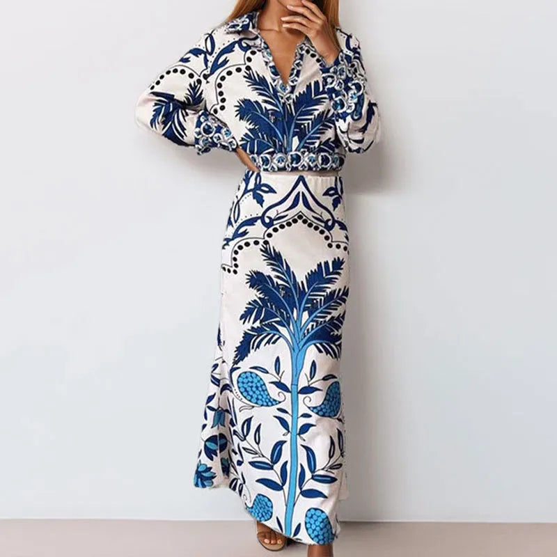 Women's early spring casual co-ord set featuring a long sleeve top and long skirt in picture colour.