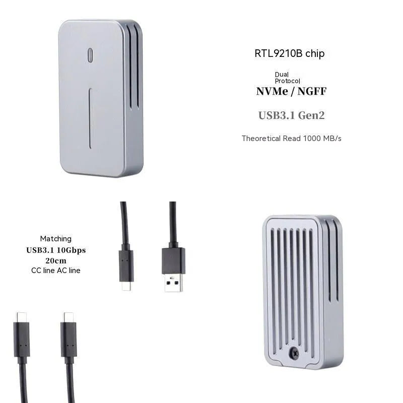 Aluminium alloy M.2 SSD external enclosure showing compact size and USB-C port.