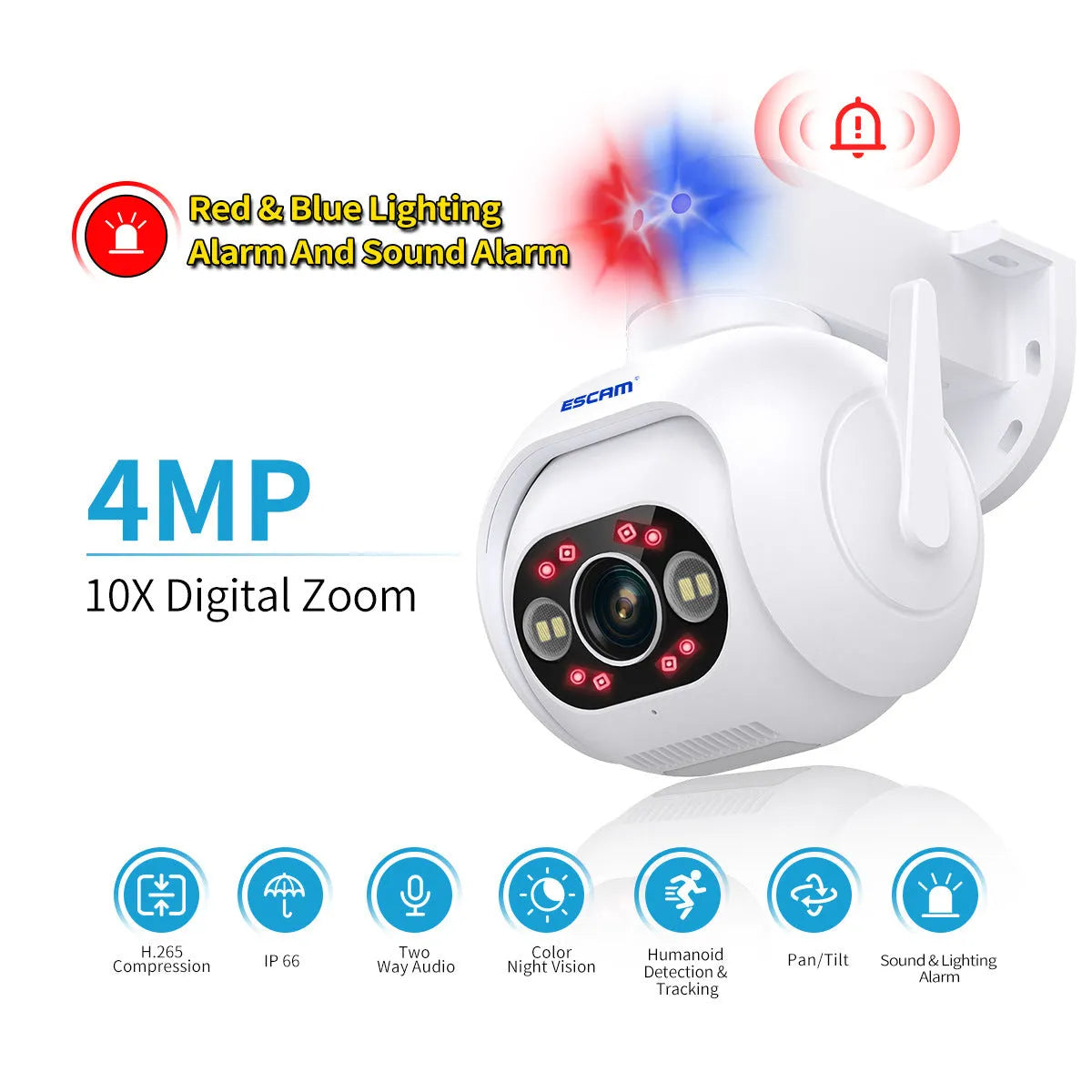 Smart colour night vision security camera with wall mount bracket and 4MP H265 resolution