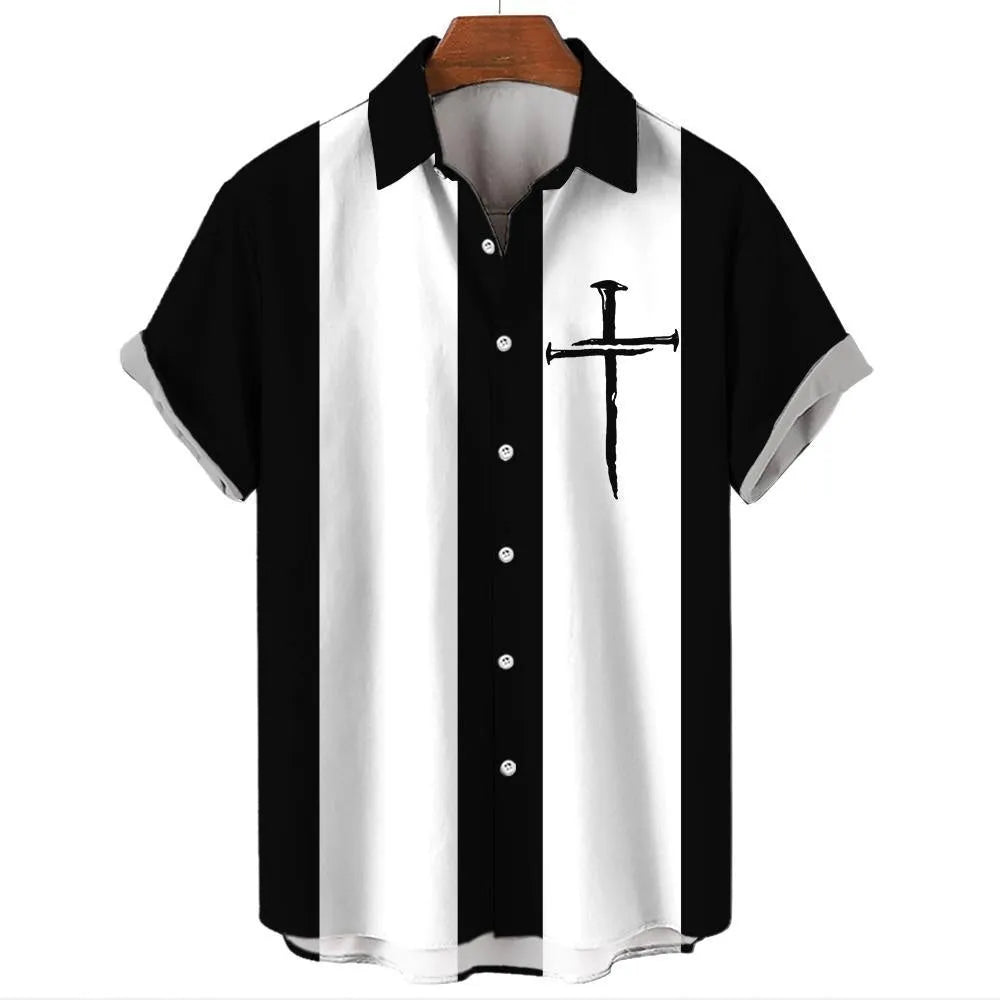 Men's striped Hawaiian shirt with button front and short sleeves in elastic fabric