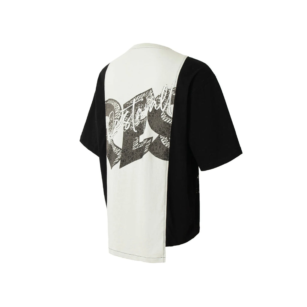 Black and white T-shirt with broken collar deconstruction printed design