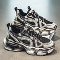 Men's black mesh sneakers with platform sole, round toe and cross strap design