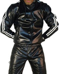 Men's black hooded PU leather sports set with jacket and trousers, long sleeves, autumn wear