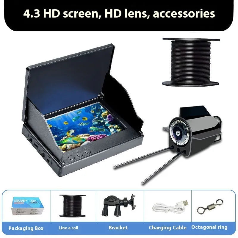 Fish finder unit with 4.3-inch screen connected to an underwater camera on a long cable