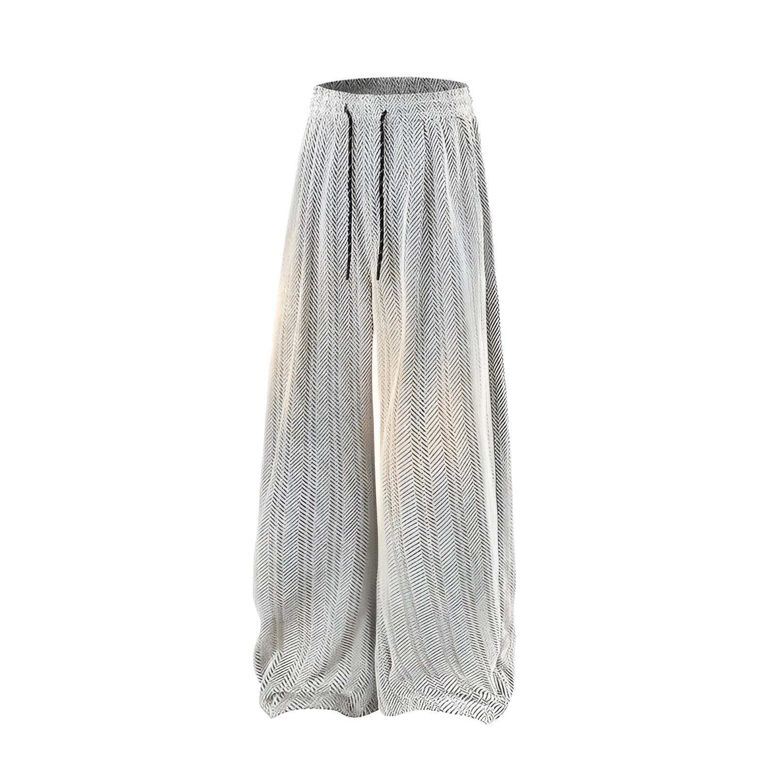 Straight-leg hollow-out trousers with elastic waist in light grey, dark grey, or black.