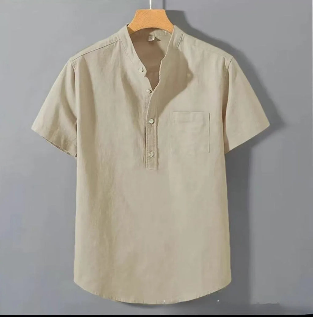 Men's casual stand collar short sleeve slub linen shirt in loose fit