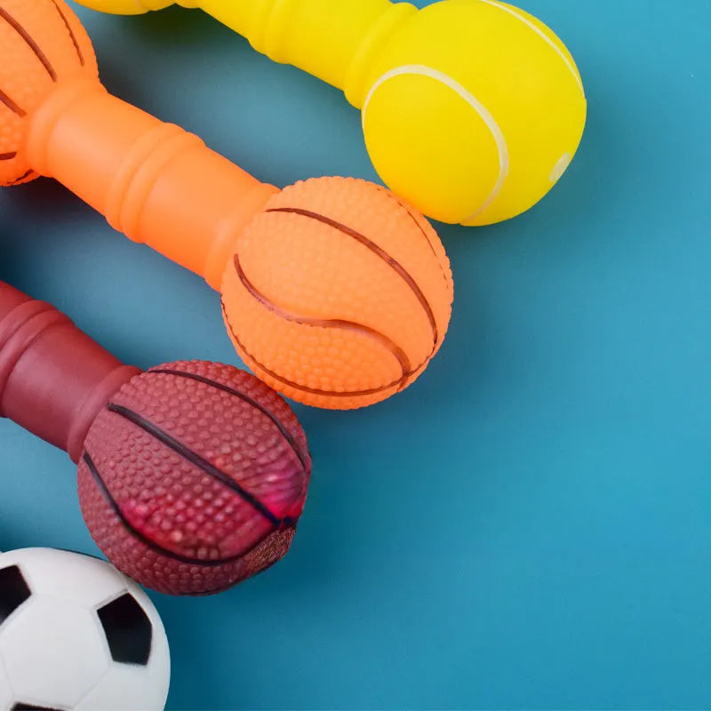 Brown orange white yellow football-dumbbell shaped dog chew toy with squeaky mechanism