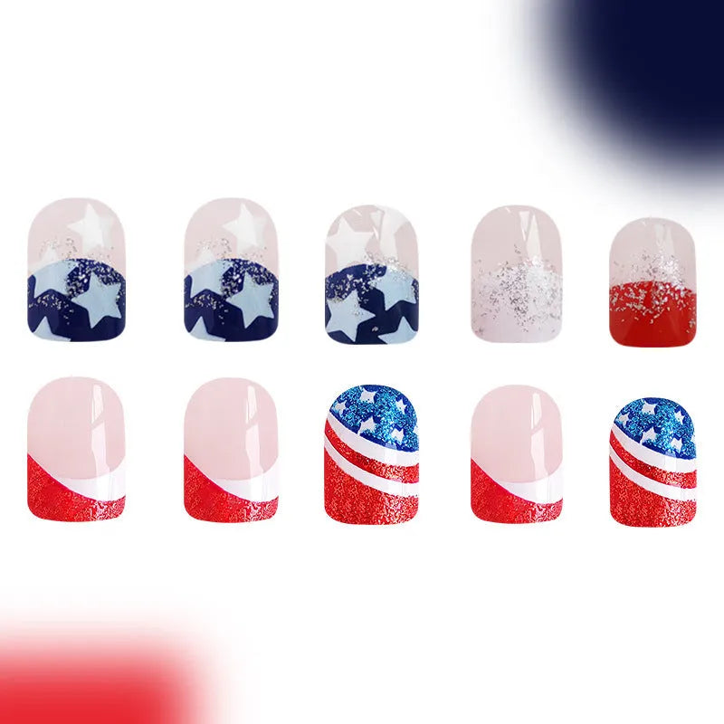 XINGX false nail set with red, white, blue American star pattern in short European Square shape.