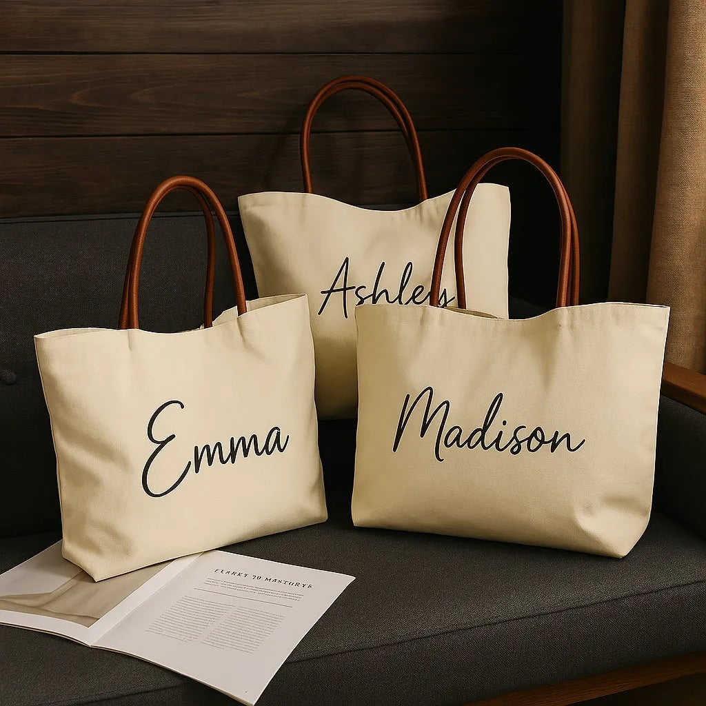 Beige white canvas tote bag with a front zip pocket and sturdy shoulder straps laid flat.
