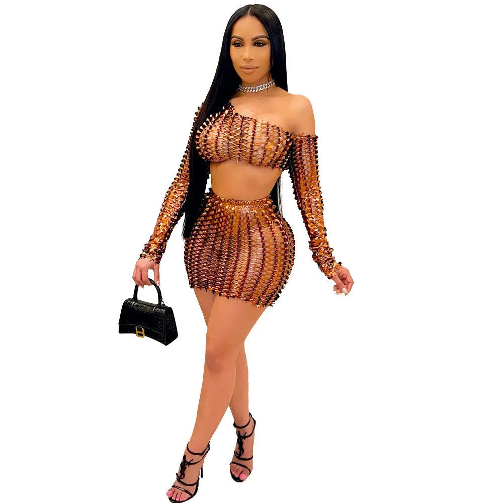 Women's black hollow-out net sleeveless top and short skirt two-piece dress set for office wear