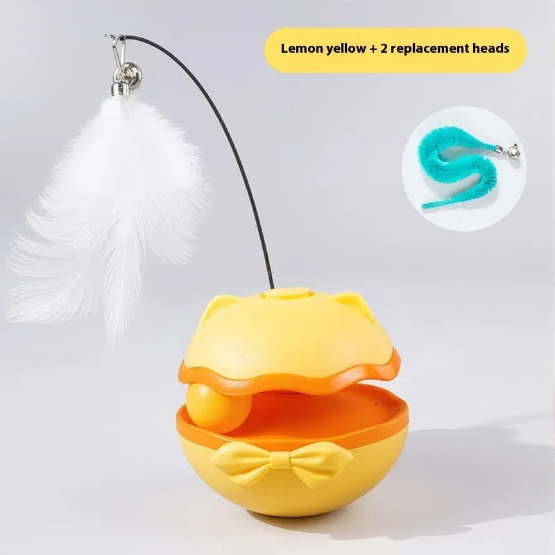 Electric cat toy tumbler with self-rotating base and teaser stick attachment in three colour options