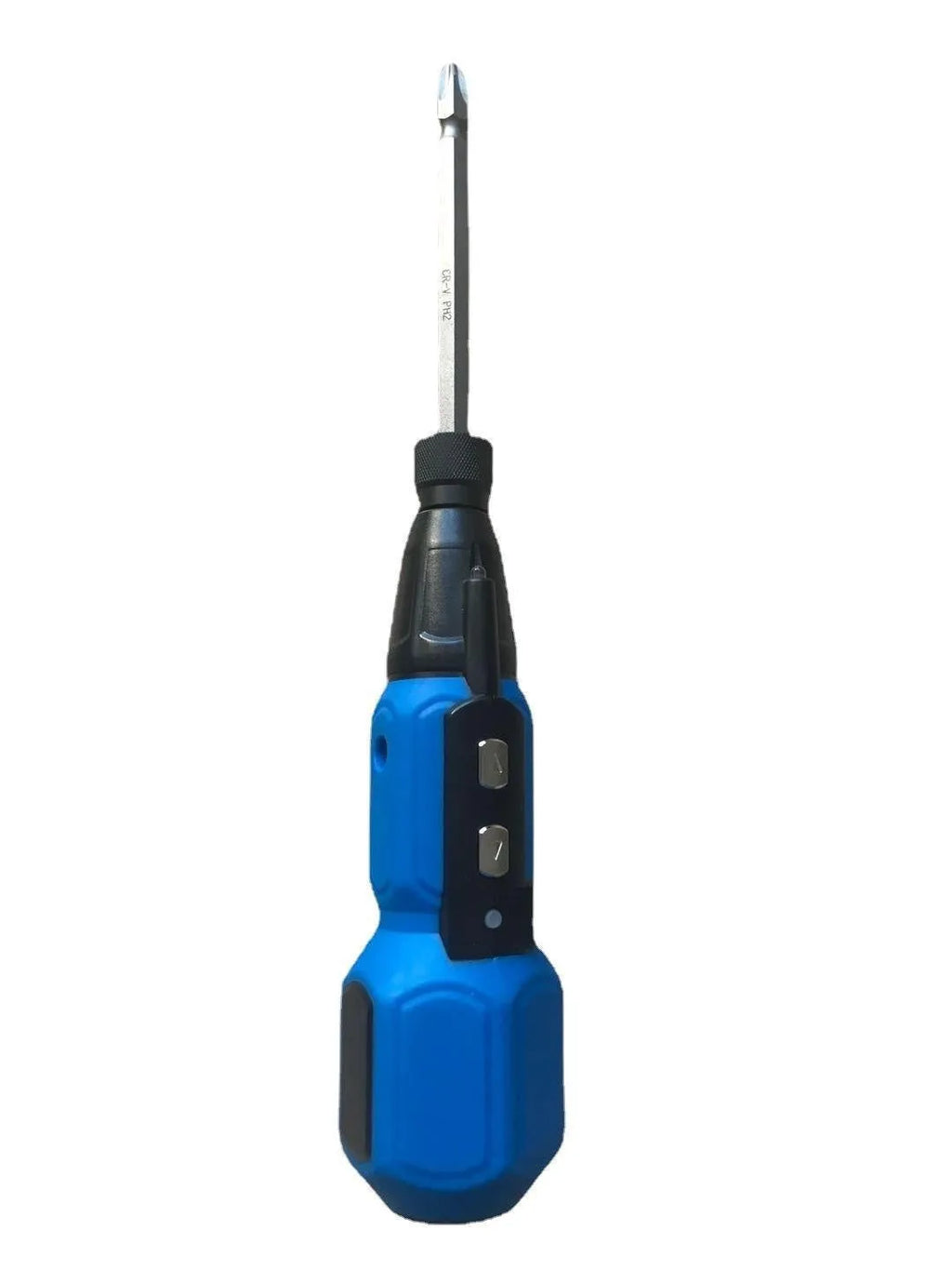 Black and blue alloy steel straight-handle cordless electric screwdriver on a workbench.
