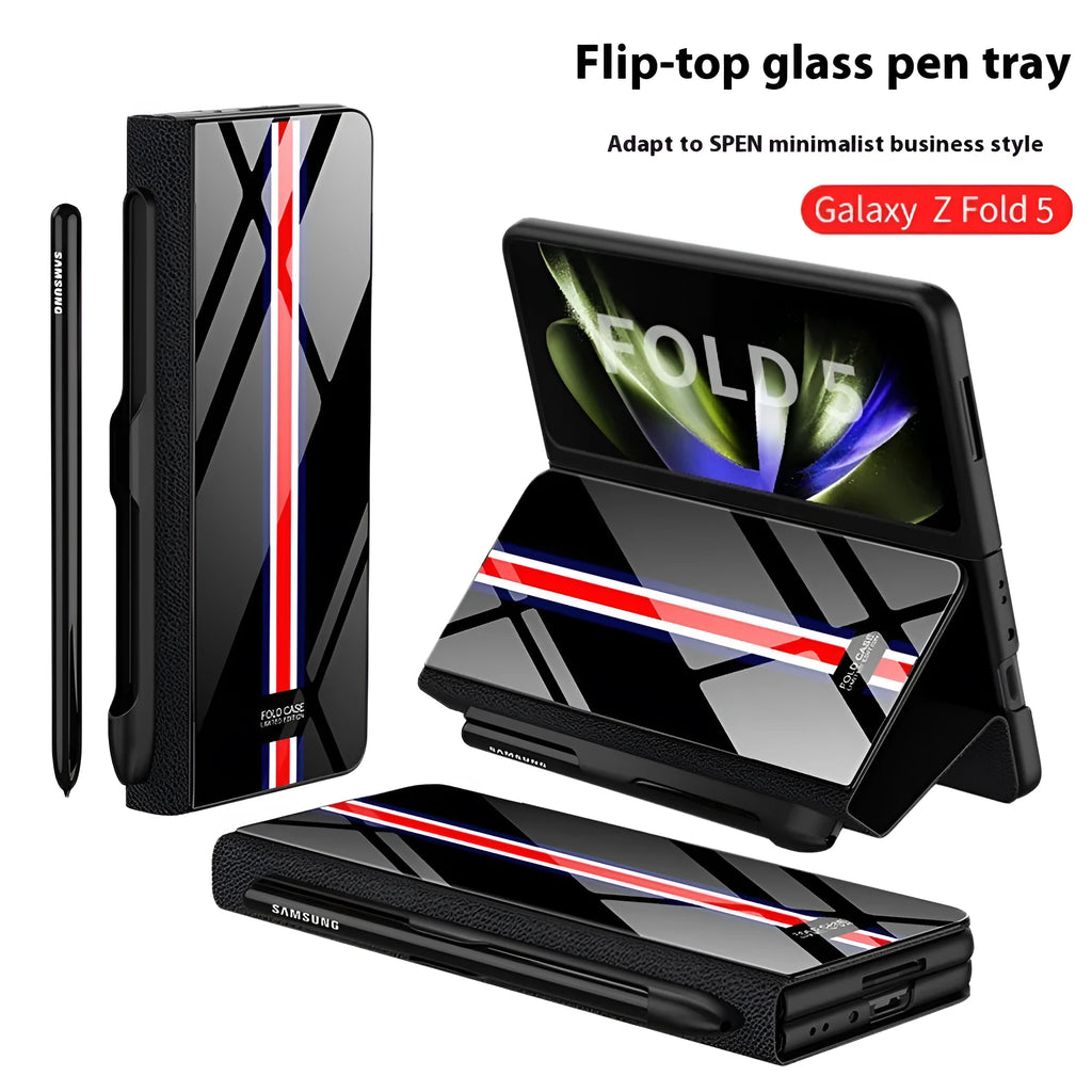 Samsung Galaxy Z Fold5 folding screen phone case in creative flip glass style with imitation leather finish, multiple colours shown