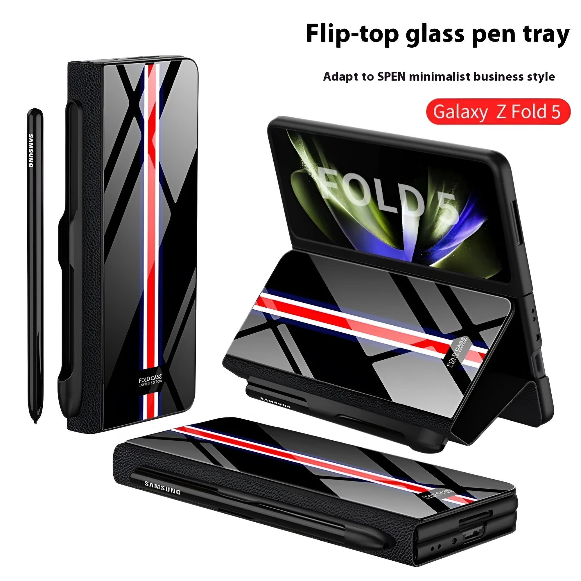 Samsung Galaxy Z Fold5 folding screen phone case in creative flip glass style with imitation leather finish, multiple colours shown