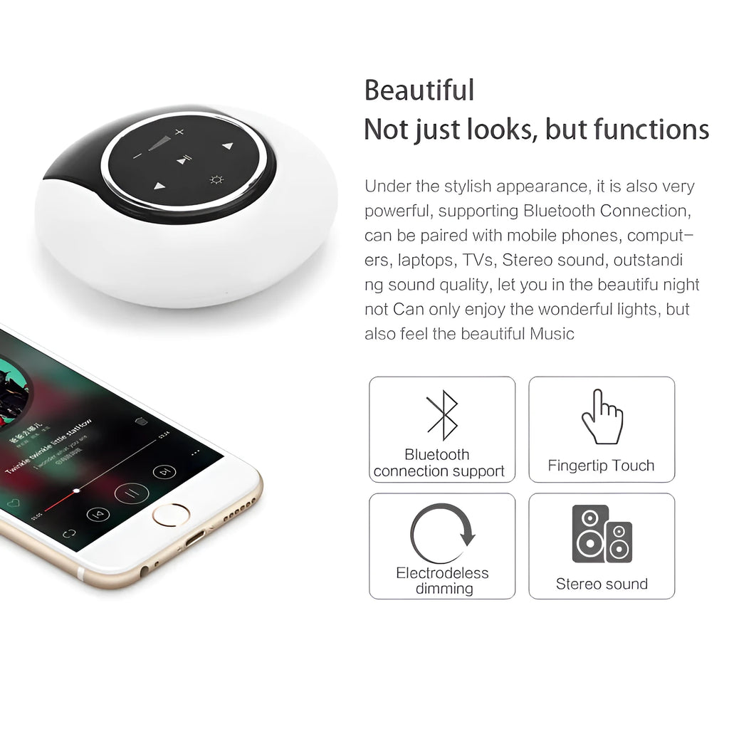 Creative folding Bluetooth speaker and LED desk lamp with touch controls on a desk.