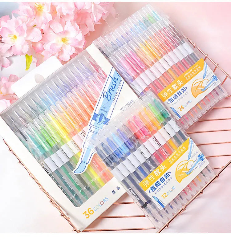 Set of calligraphy art marker pens with brush tips in multiple colours for hand lettering and drawing