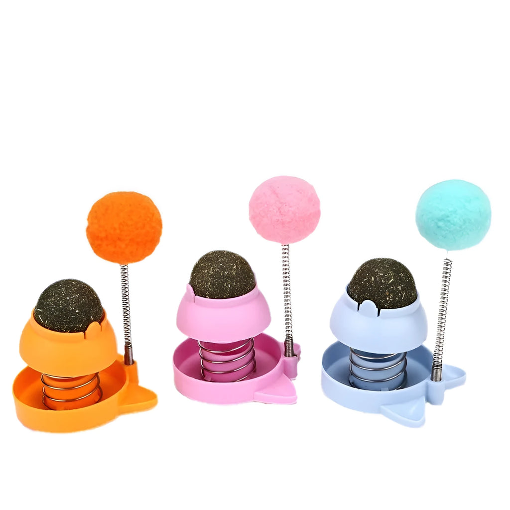 Blue mint ball cat toy on a stick for licking, teeth cleaning, and interactive play.