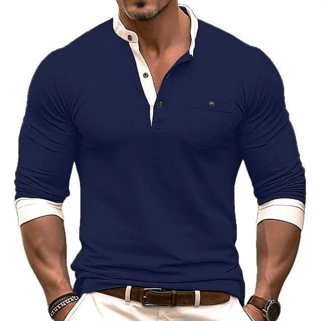 Men's solid colour cotton long sleeve t-shirt on hanger, showing round neck and sleeve detail.