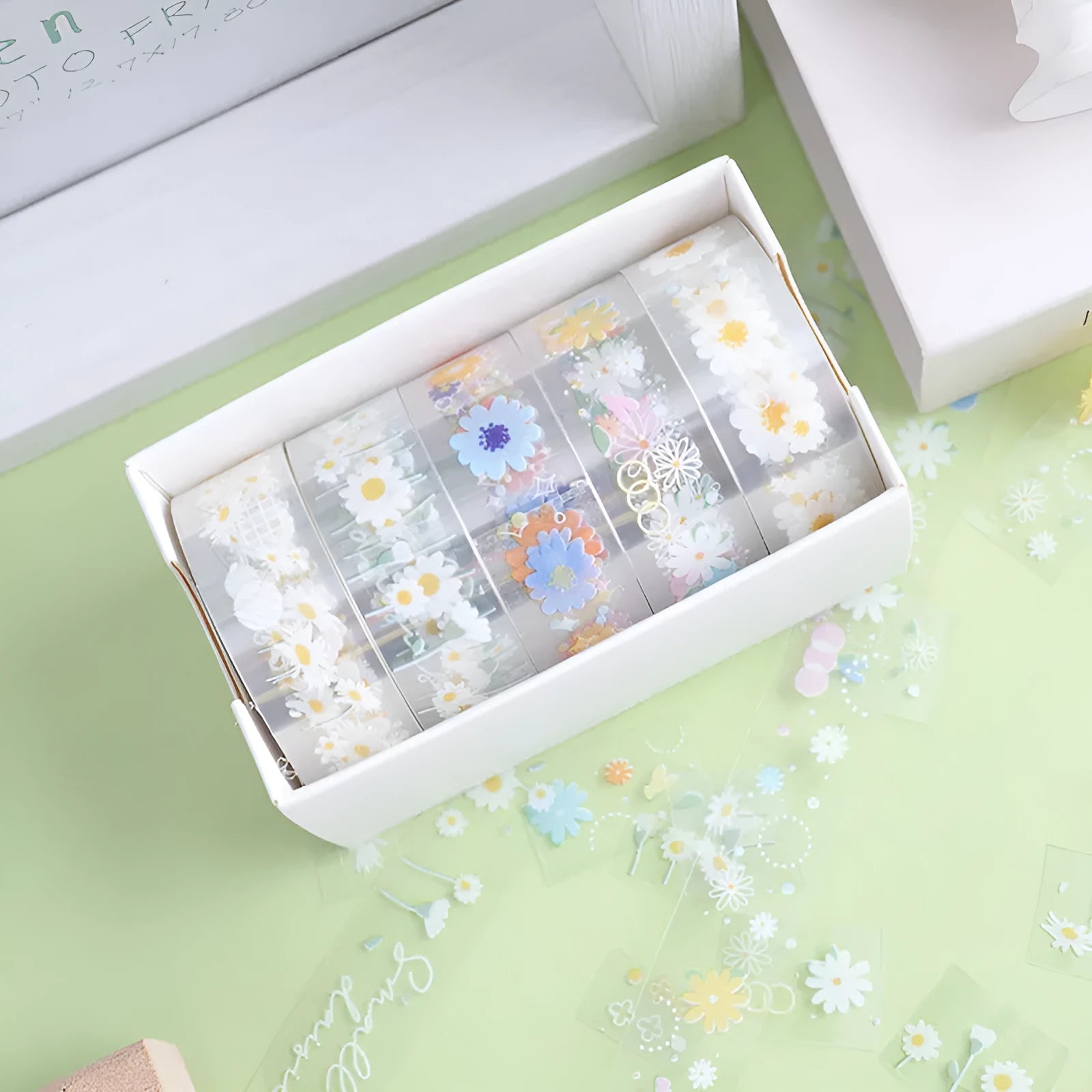 Five rolls of transparent adhesive tape with colourful midsummer daisy cartoon decoration for DIY diary projects