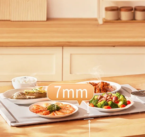 Elegant grey silicone flexible foldable warm chopping board with digital display and adjustable temperature control for kitchen food insulation
