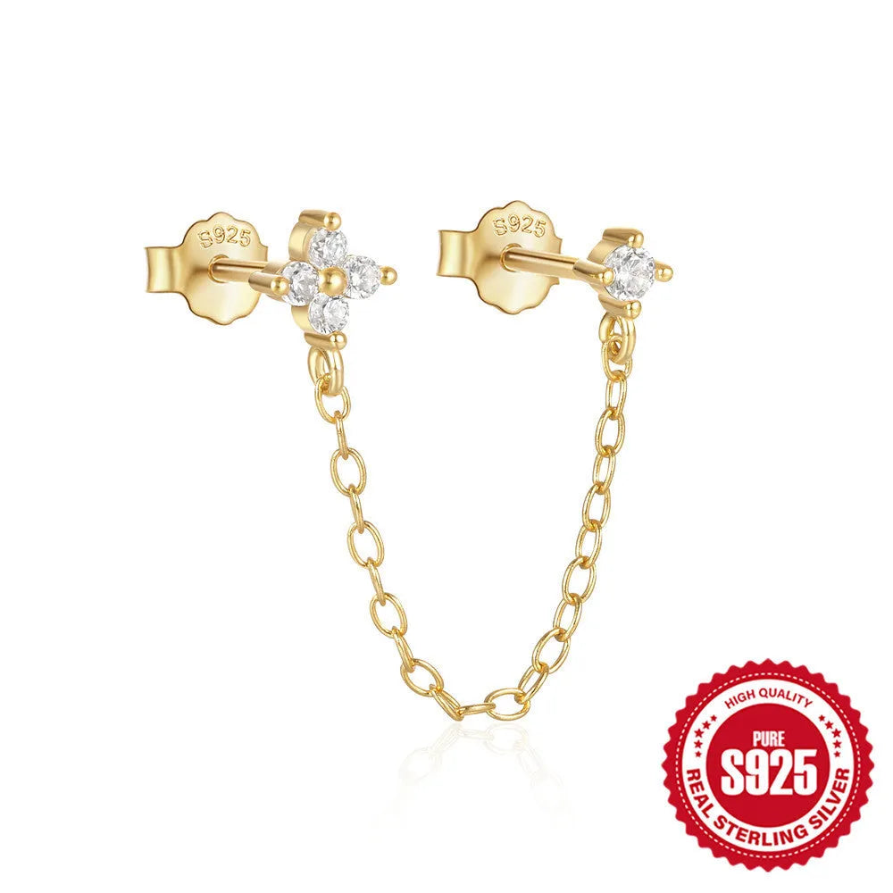 S925 sterling silver geometric ear studs with flower and tassel chain design in gold electroplated finish