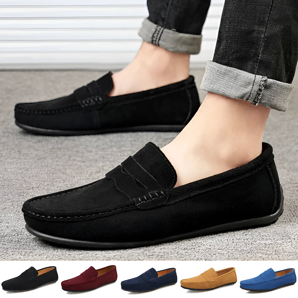 Men's solid colour suede loafers with round toe and slip-on design on rubber sole
