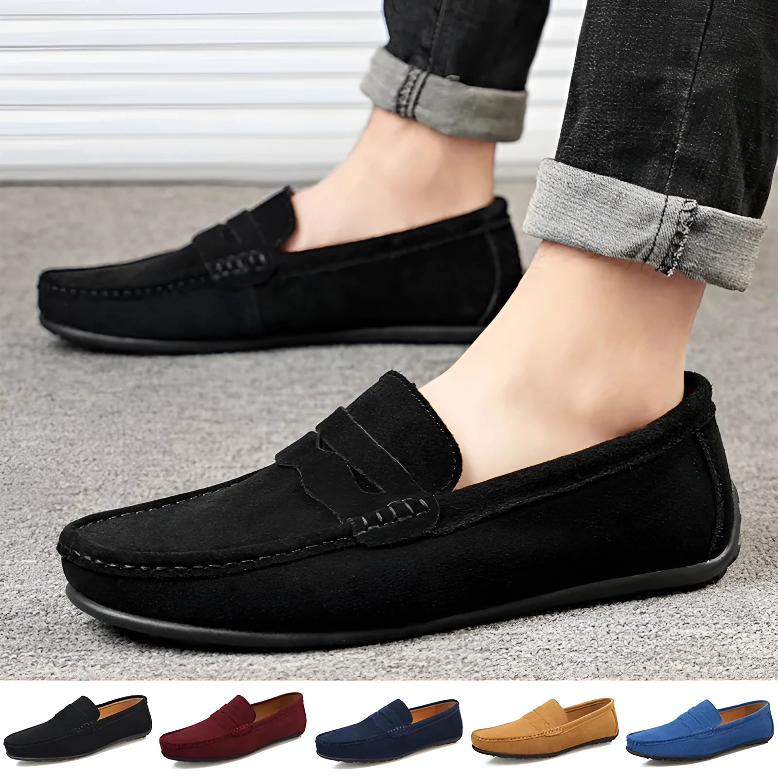 Men's solid colour suede loafers with round toe and slip-on design on rubber sole