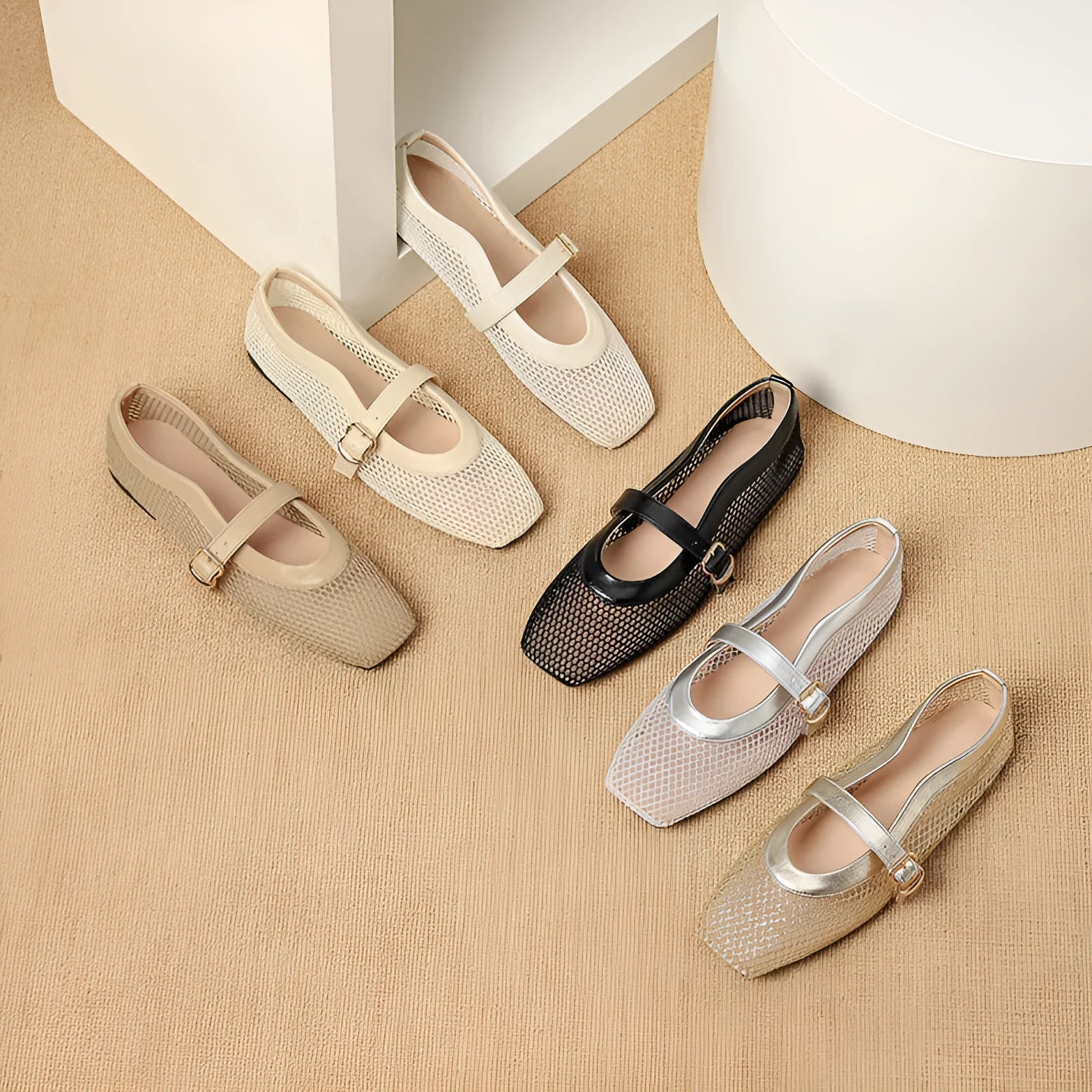 Women's beige mesh summer hiking shoes with square toe and buckle, flat low heel.