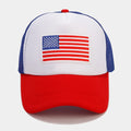 Red and blue contrast mesh breathable baseball cap with adjustable strap and dome crown.