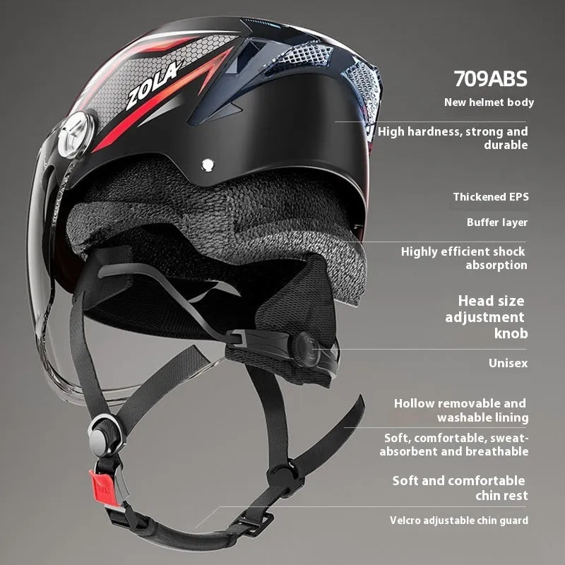 Universal motorcycle half helmet with double mirror sun visor in assorted colours.