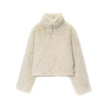 Artificial fur short coat jacket in apricot with faux fur collar, long sleeves, women's socialite style