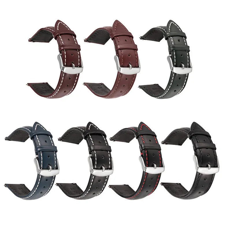 Quick release leather watch strap in dark brown with buckle and quick-release spring bars visible