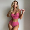 Women's high-waisted plaid bikini swimsuit with split sides in rose red, shown as a top and brief set.