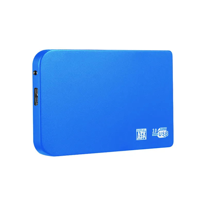 USB 3.0 external solid state drive with metal case in black, blue, red, or silver.