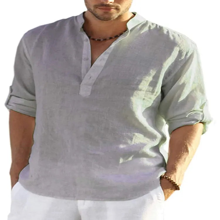 Men's solid colour long sleeve casual shirt with a stand collar, shown in a light blue shade.