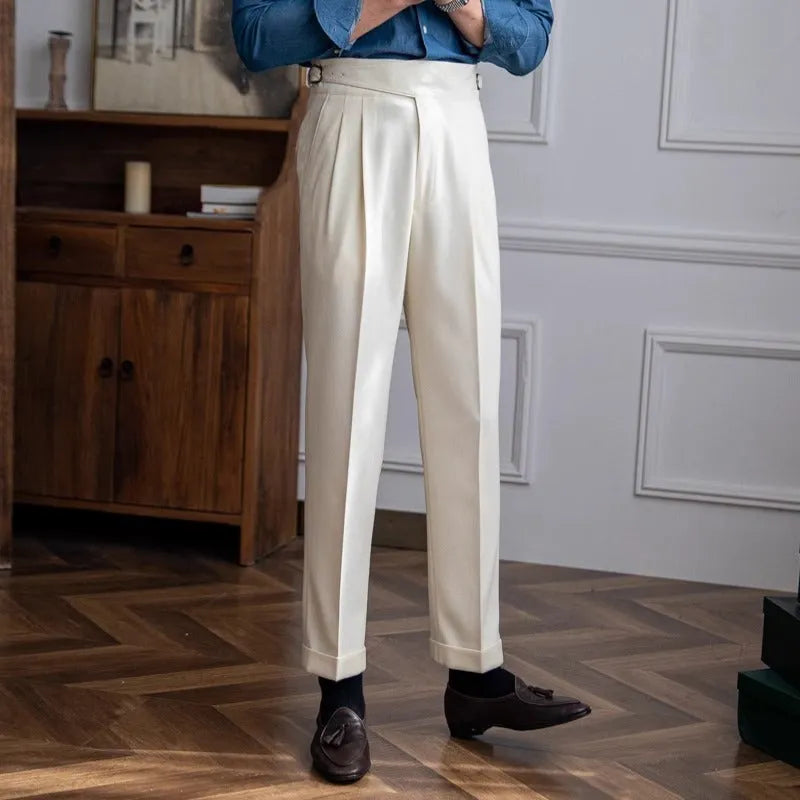Men's black high waist straight-leg casual trousers on hanger showing waistband and leg cut