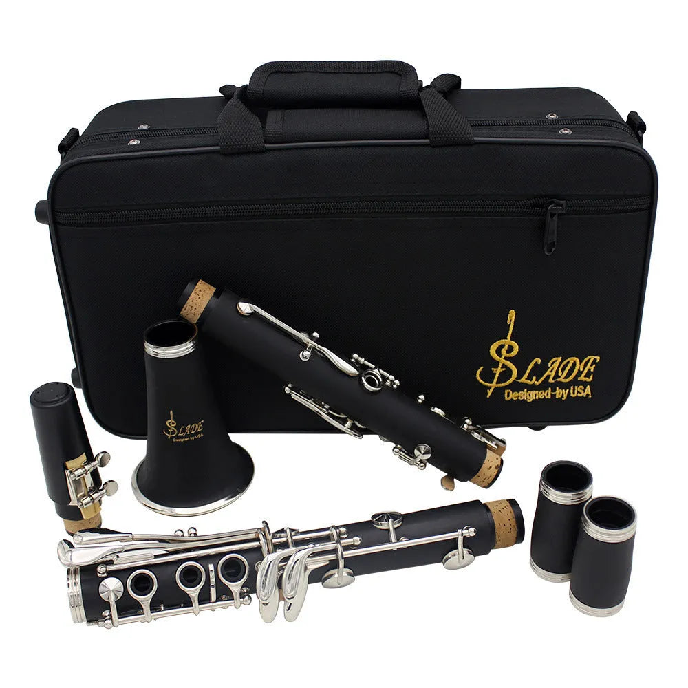 Black bakelite beginner clarinet with 17 nickel-plated keys and protective storage bag