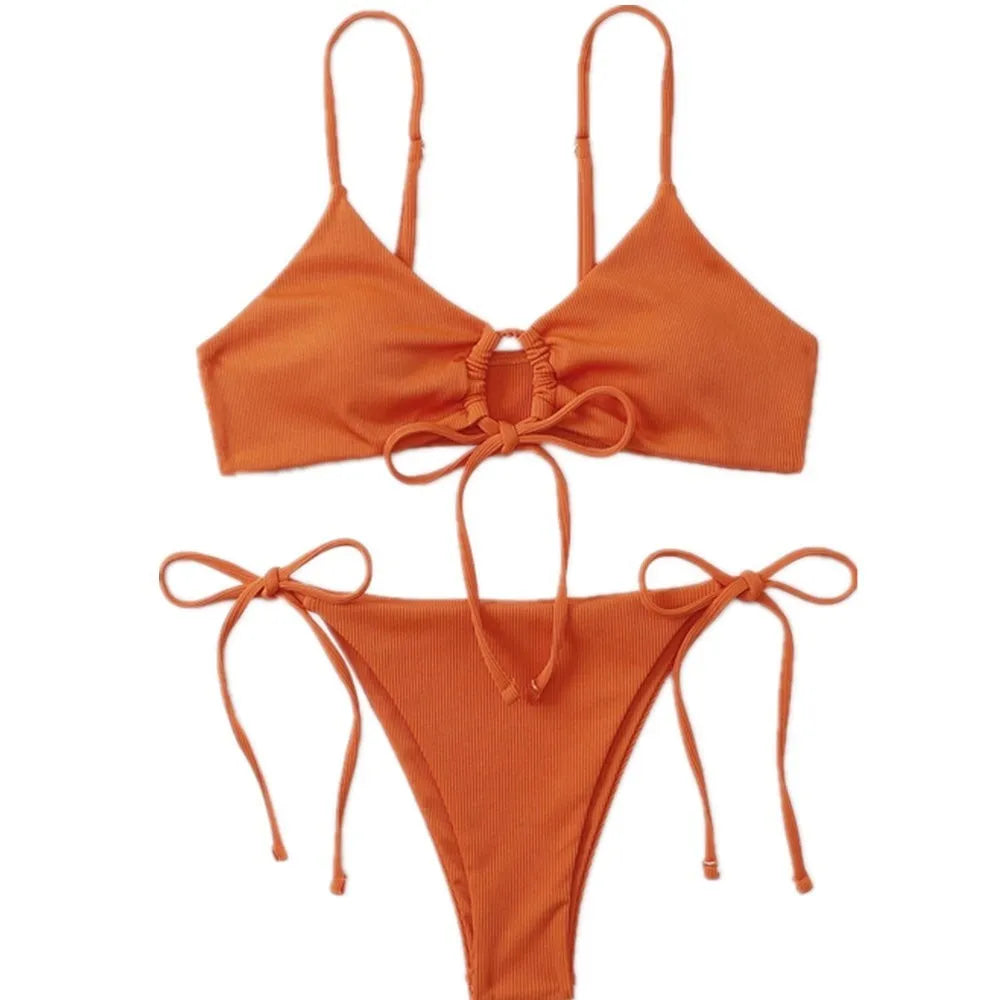 Women's drawstring bikini swimsuit in solid colour with backless briefs design