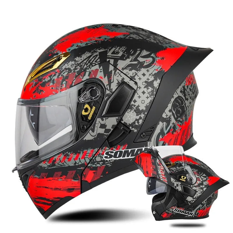 Double lens exposed motorcycle helmet in bright black and green lines with sun visor