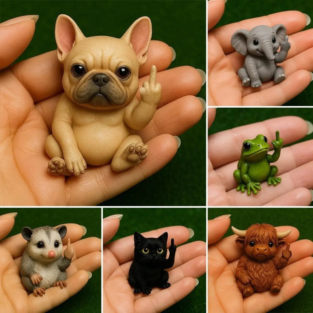 Mini resin ornament of a funny animal doll in a vertical pose, available in cat, dog, elephant, frog, Highland cattle, mouse, and turtle designs.