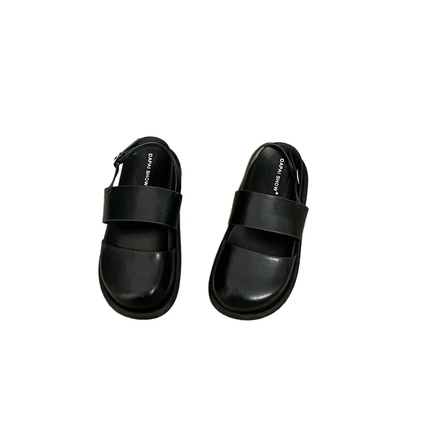Korean style closed toe sandals with an ankle strap buckle in black, brown, and apricot colours.