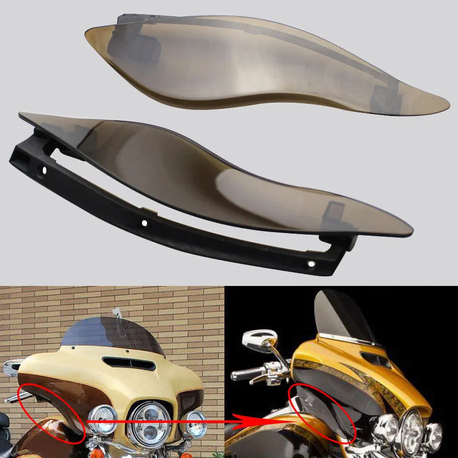 Pair of smoked ABS plastic windshield side wing extensions for Harley Davidson Glide motorcycles