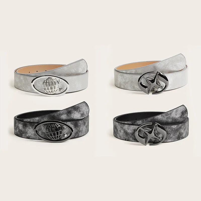 Women's thick retro belt with oval alloy buckle in PU leather showing earth style design